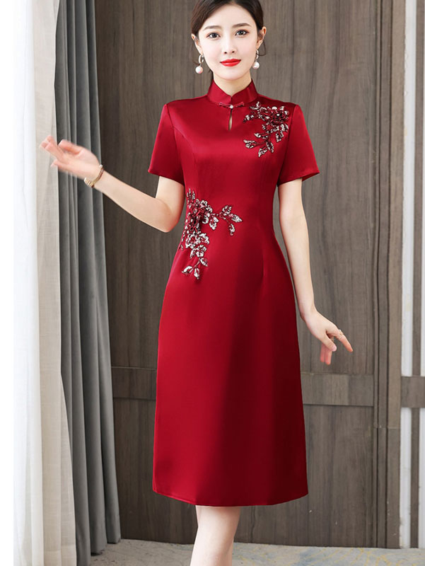 Red Bride Mothers Appliques Mid Wedding Cheongsam Qipao Dress