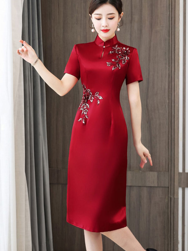 Red Bride Mothers Appliques Mid Wedding Cheongsam Qipao Dress
