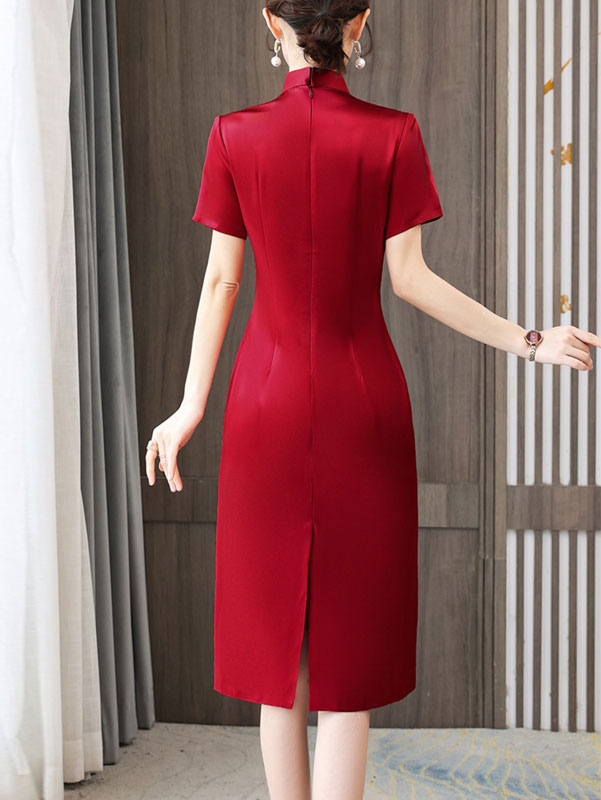 Red Bride Mothers Appliques Mid Wedding Cheongsam Qipao Dress