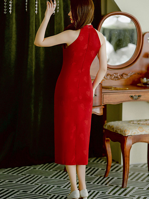 Red Halter Jacquard Wedding Bride Cheongsam Qipao Dress