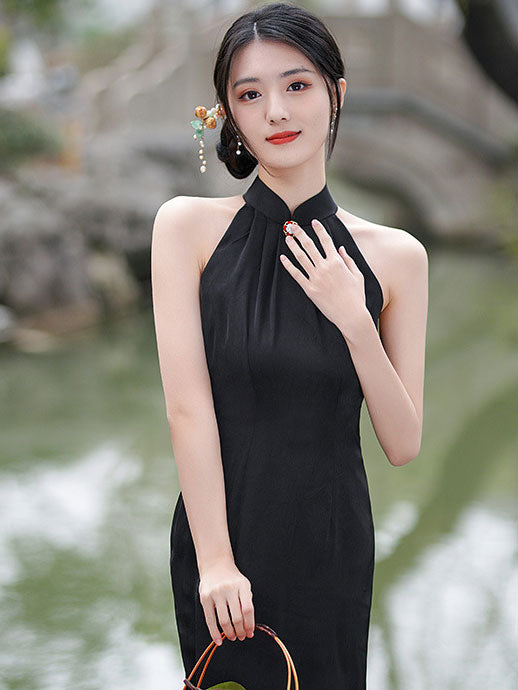 2023 Summer Red Black Halter Cheongsam Qipao Dress