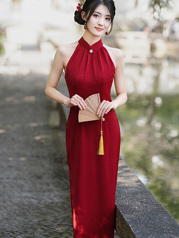 2023 Summer Red Black Halter Cheongsam Qipao Dress