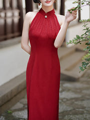 2023 Summer Red Black Halter Cheongsam Qipao Dress