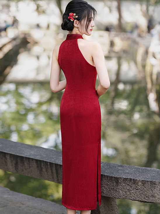 2023 Summer Red Black Halter Cheongsam Qipao Dress