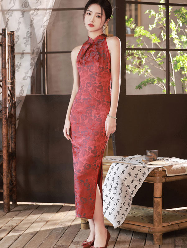 2023 Pink Floral Halter Cheongsam Qipao Dress