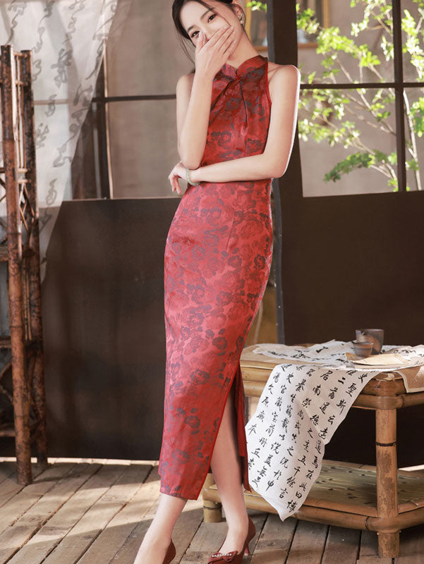 2023 Pink Floral Halter Cheongsam Qipao Dress