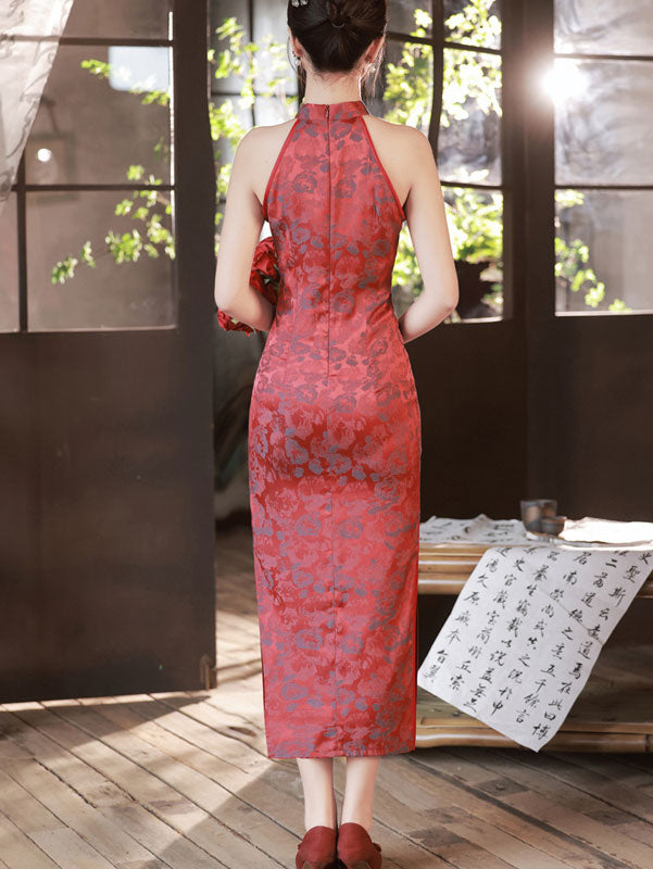 2023 Pink Floral Halter Cheongsam Qipao Dress