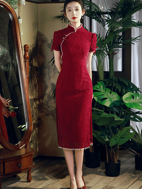 Beaded White Red Lace Mid Wedding Cheongsam Qipao Dress