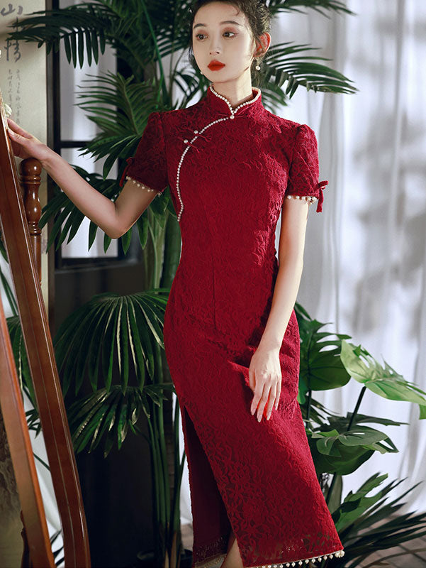 Beaded White Red Lace Mid Wedding Cheongsam Qipao Dress