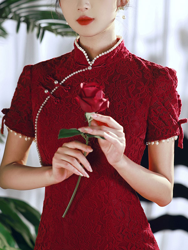 Beaded White Red Lace Mid Wedding Cheongsam Qipao Dress