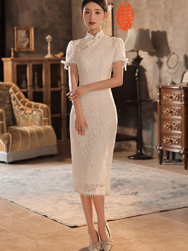 Beaded White Red Lace Mid Wedding Cheongsam Qipao Dress