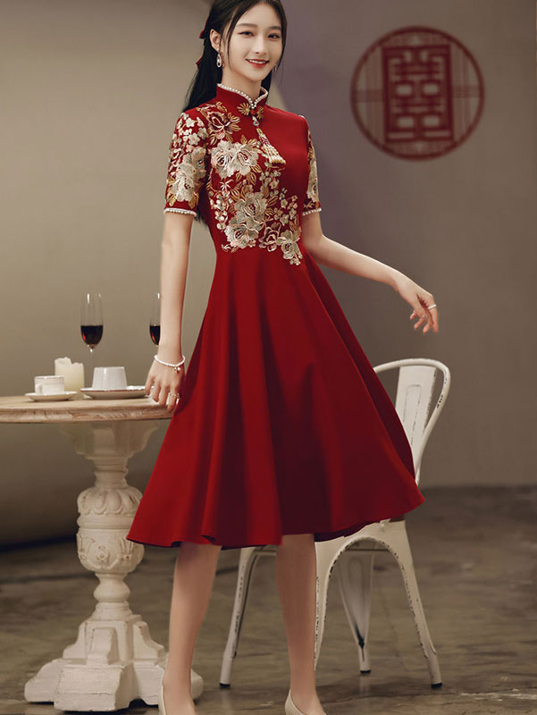 Red Appliques Mid A-Line Wedding Qipao Cheongsam Dress