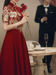 Red Appliques Mid A-Line Wedding Qipao Cheongsam Dress