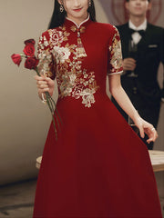 Red Appliques Mid A-Line Wedding Qipao Cheongsam Dress