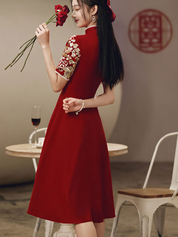 Red Appliques Mid A-Line Wedding Qipao Cheongsam Dress