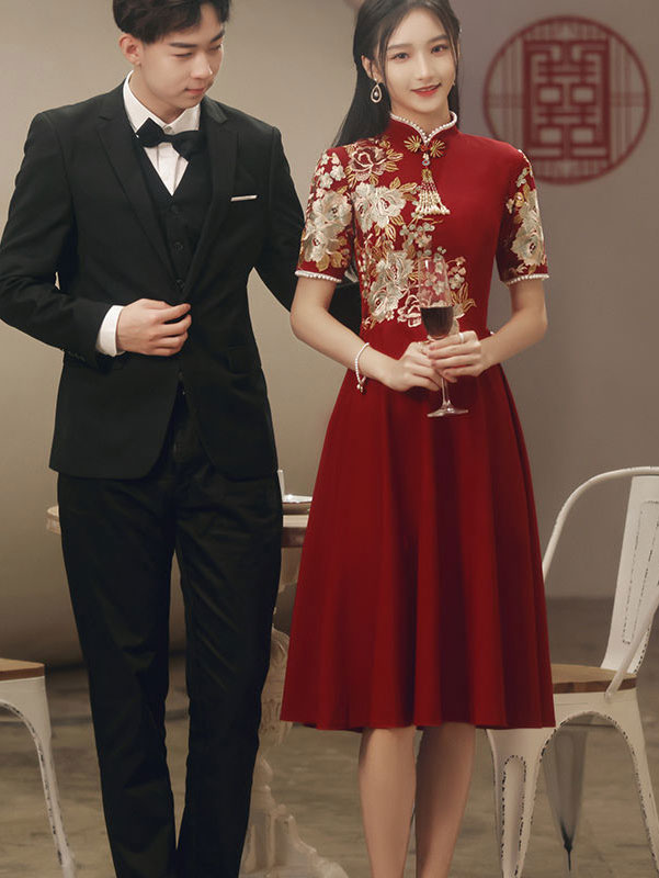 Red Appliques Mid A-Line Wedding Qipao Cheongsam Dress