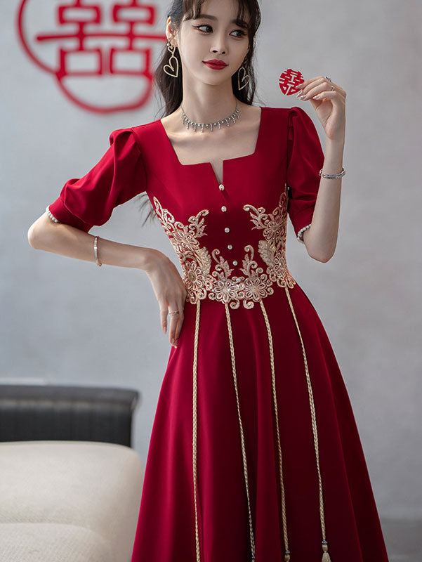 Red Square Neck Bride Mid A-Line Qipao Xiuhe Dress