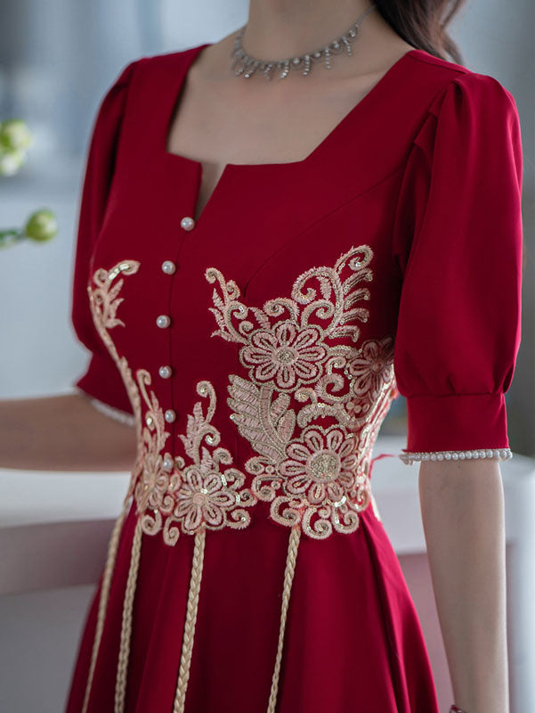 Red Square Neck Bride Mid A-Line Qipao Xiuhe Dress
