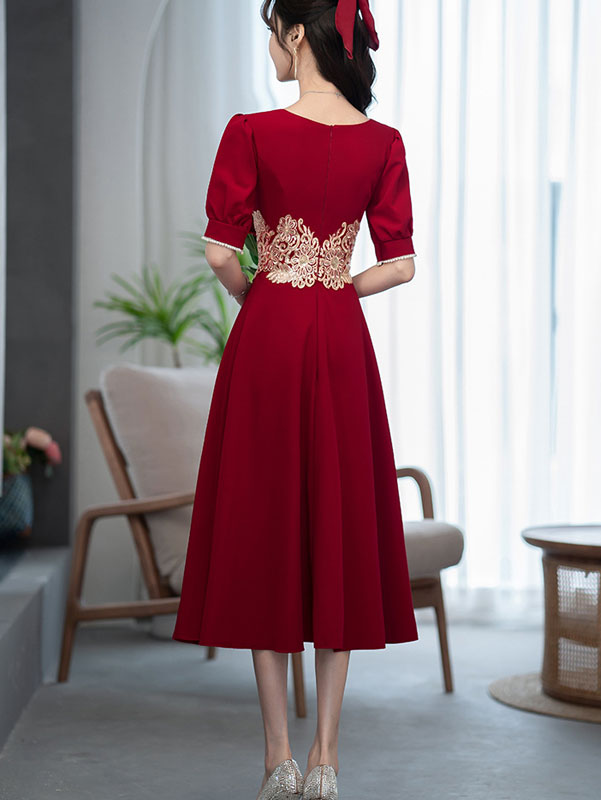 Red Square Neck Bride Mid A-Line Qipao Xiuhe Dress