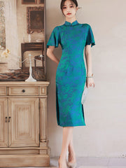 Green Chinese Painting Print Cheongsam Qipao Dress