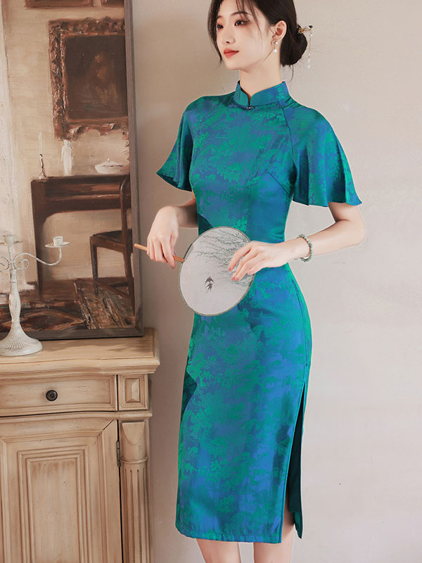 Green Chinese Painting Print Cheongsam Qipao Dress
