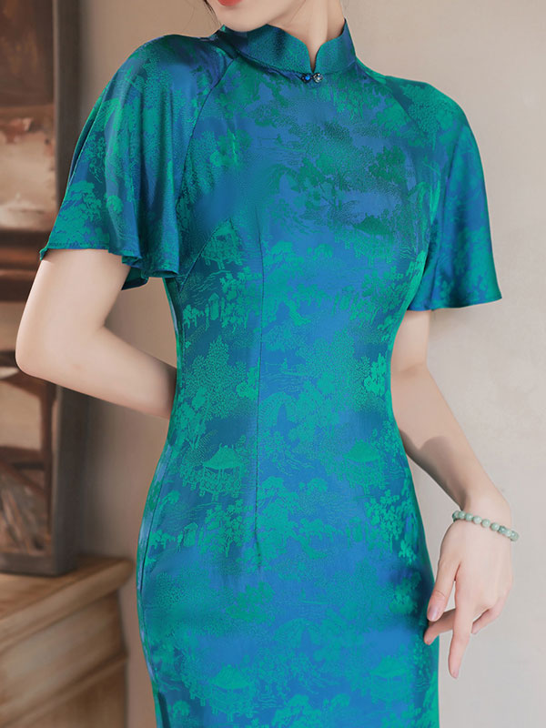 Green Chinese Painting Print Cheongsam Qipao Dress