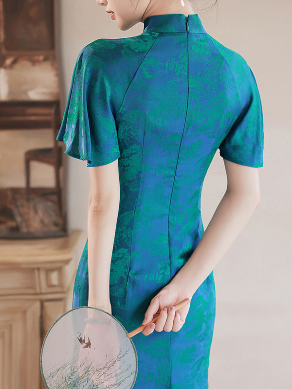 Green Chinese Painting Print Cheongsam Qipao Dress