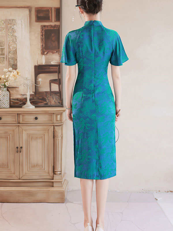 Green Chinese Painting Print Cheongsam Qipao Dress