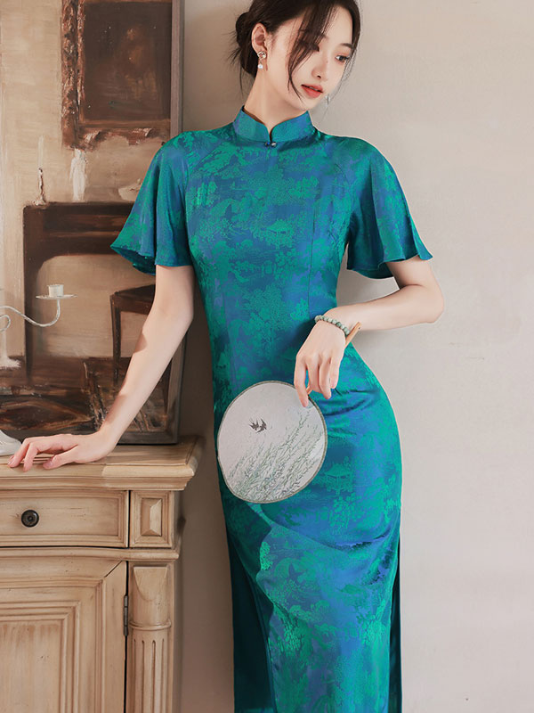 Green Chinese Painting Print Cheongsam Qipao Dress