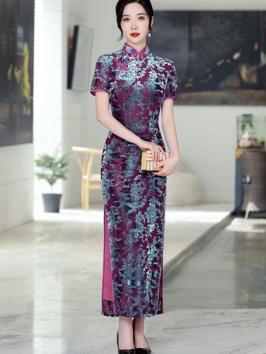 Purple Mothers Velvet Full Cheongsam Qipao Dress - IMALLURE