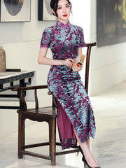 Purple Mothers Velvet Full Cheongsam Qipao Dress