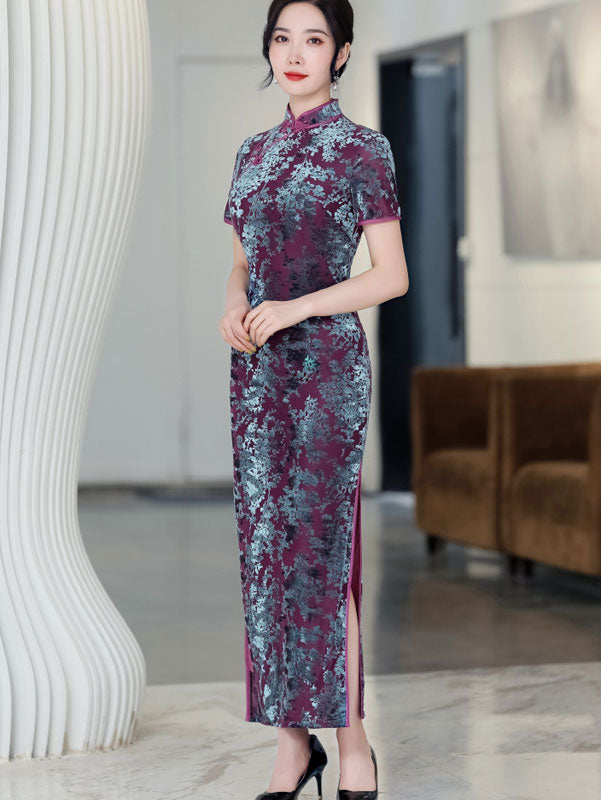 Purple Mothers Velvet Full Cheongsam Qipao Dress
