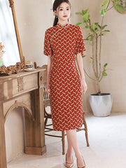 Red Stripe Summer Midi Qipao Cheongsam Dress