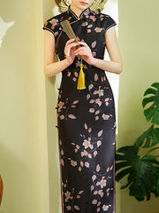 Black White Mothers Floral Maxi Qipao Cheongsam Dress