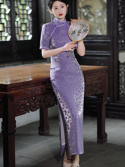 Green Purple Shimmery Jacquard Silk Cheongsam Qipao Dress