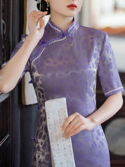 Green Purple Shimmery Jacquard Silk Cheongsam Qipao Dress