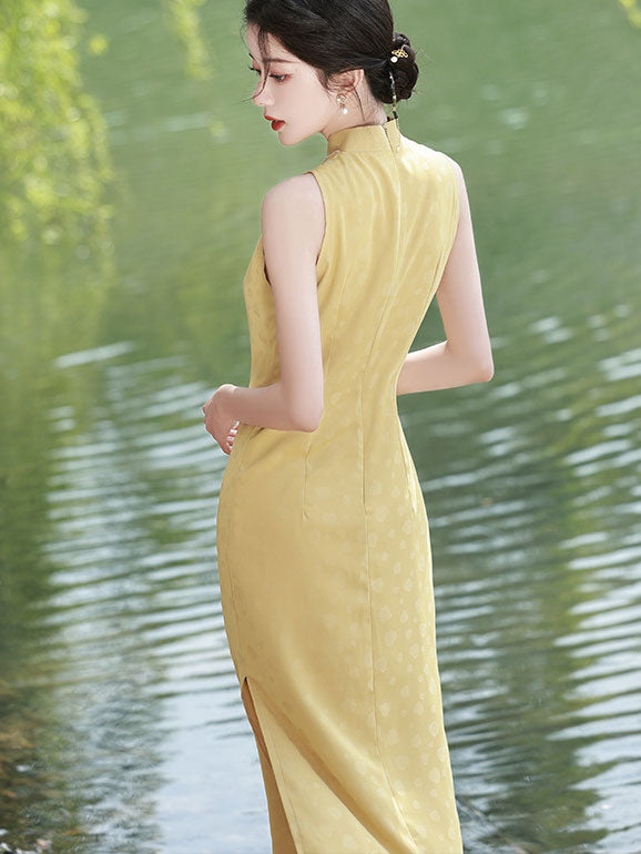 Pink Yellow Jacquard Halter Summer Qipao Cheongsam Dress