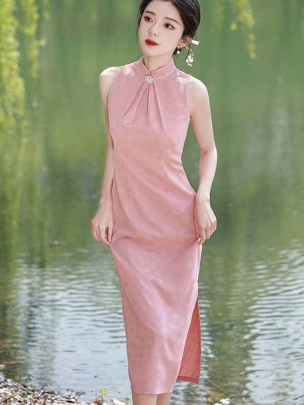 Pink Yellow Jacquard Halter Summer Qipao Cheongsam Dress