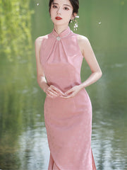 Pink Yellow Jacquard Halter Summer Qipao Cheongsam Dress