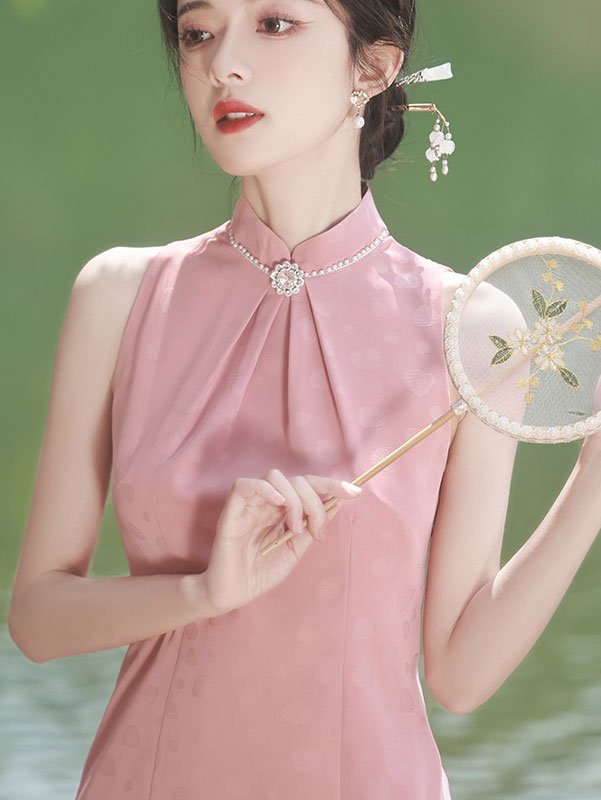 Pink Yellow Jacquard Halter Summer Qipao Cheongsam Dress