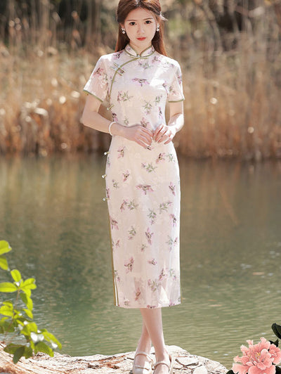 2023 Floral Print Chiffon Midi Qipao Cheongsam Dress