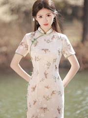 2023 Floral Print Chiffon Midi Qipao Cheongsam Dress