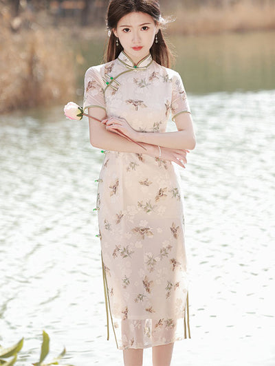 2023 Floral Print Chiffon Midi Qipao Cheongsam Dress