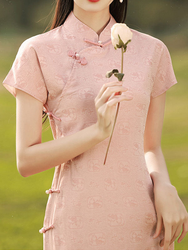 Pink Jacquard Rabbit Midi Qipao Cheongsam Dress