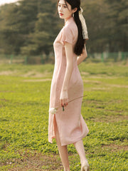 Pink Jacquard Rabbit Midi Qipao Cheongsam Dress