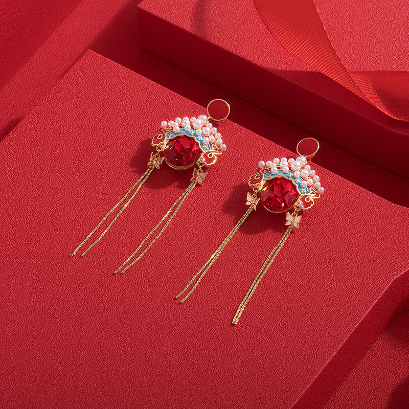 Vintage Beijing Opera Mask Drop Tassel Dangle Earrings
