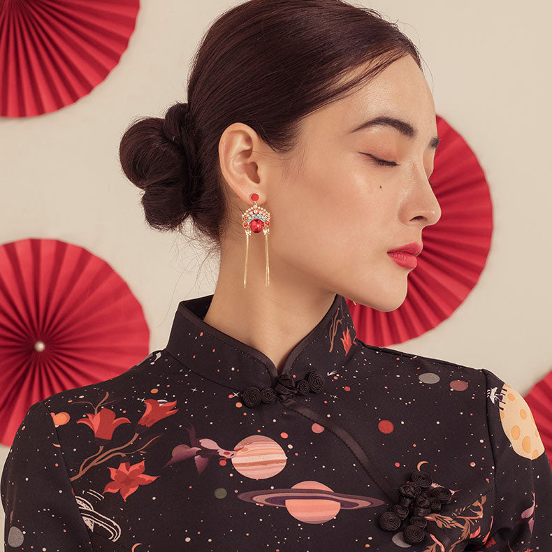 Vintage Beijing Opera Mask Drop Tassel Dangle Earrings