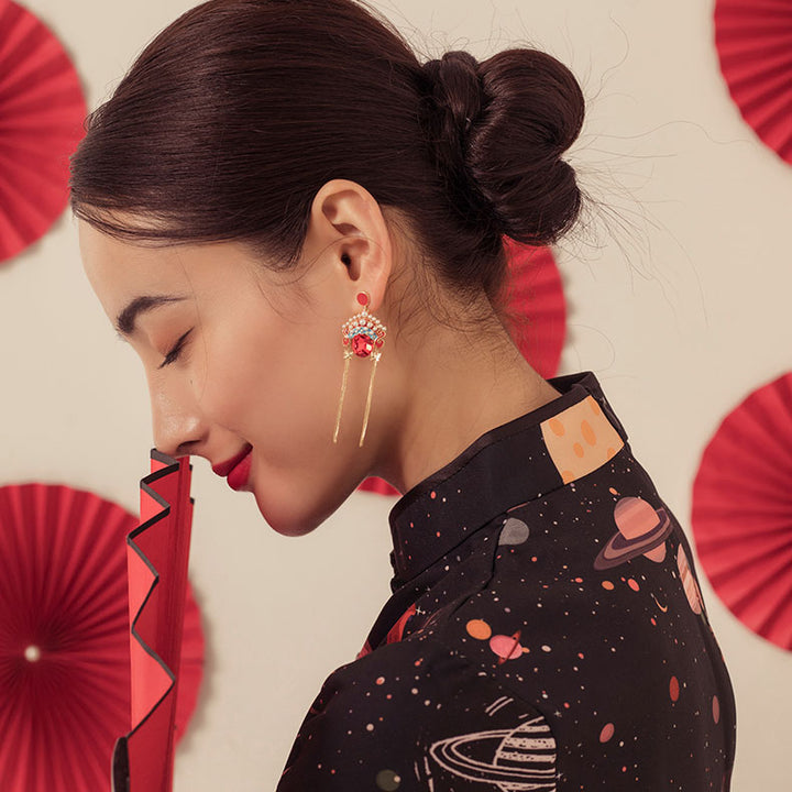 Vintage Beijing Opera Mask Drop Tassel Dangle Earrings
