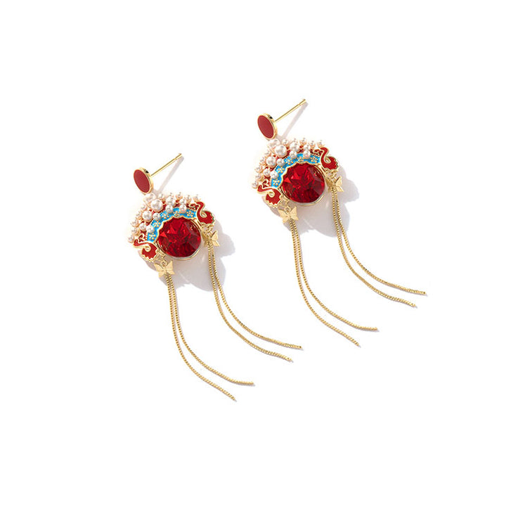 Vintage Beijing Opera Mask Drop Tassel Dangle Earrings