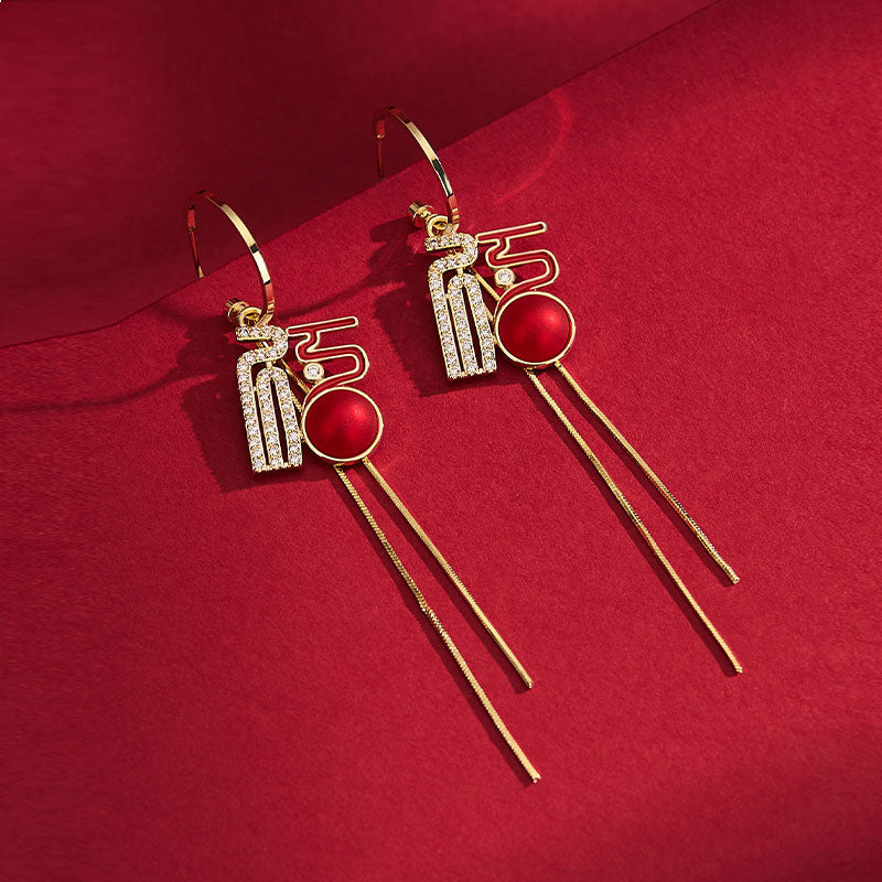 New Year Birthday Lucky Drop Zircon Tassel Dangle Earrings